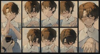 1girl 1other absurdres artist_name black_border black_eyes black_hair blue_shirt border brown_background burn_scar collar collared_shirt commentary covering_own_mouth crying crying_with_eyes_open dress earrings english_commentary facial_scar grey_eyes hand_on_own_chest highres jewelry looking_at_viewer marriage_proposal mole mole_under_mouth multiple_scars multiple_views notched_ear original park_ongjol parted_lips partially_blind putting_on_jewelry ring_box scar scar_across_eye scar_on_arm scar_on_cheek scar_on_face scar_on_lip scarred_tomboy_maid_(park_ongjol) scars_all_over shirt short_hair short_sleeves teardrop tearing_up tears tomboy too_many twitter_username watch white_collar