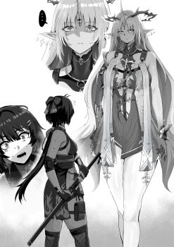 ... 2girls absurdres assertive_female bare_legs bare_shoulders black_gloves bow breast_curtains breasts cartethyia_(wuthering_waves) chinese_commentary closed_mouth commentary_request elbow_pads female_rover_(wuthering_waves) fleurdelys_(wuthering_waves) gloves hair_bow highres holding holding_sword holding_weapon horns large_breasts legs long_hair looking_at_another low_ponytail multiple_girls open_mouth partially_shaded_face pointy_ears ponytail rover_(wuthering_waves) scabbard sheath sheathed single_horn size_difference spoken_ellipsis sweatdrop sword tabard tacet_mark_(wuthering_waves) tall_female very_long_hair weapon will2012tw wuthering_waves yuri