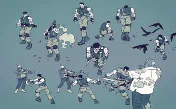1boy bird black_gloves black_hair blood chris_redfield crow fingerless_gloves gloves green_background gun holding holding_gun holding_knife holding_weapon knee_pads knife multiple_views resident_evil resident_evil_1 shell_casing shotgun simple_background vitaliy_shushko weapon zombie