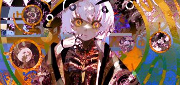1girl abstract abstract_background absurdres colorful commentary dark_skin english_commentary hat highres kevin_adi original symbol-shaped_pupils white_hair wizard_hat yellow_eyes