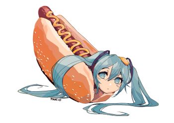 1girl artist_name blue_eyes blue_hair blush closed_mouth commentary double-parted_bangs english_commentary eyebrows_hidden_by_hair floating_headgear food food_on_head hair_ornament hatsune_miku head_tilt headgear hot_dog hot_dog_bun human_head long_eyelashes long_hair looking_at_viewer mustard object_on_head pikat raised_eyebrows sausage seed sidelocks simple_background solo thick_eyelashes twintails very_long_hair vocaloid white_background