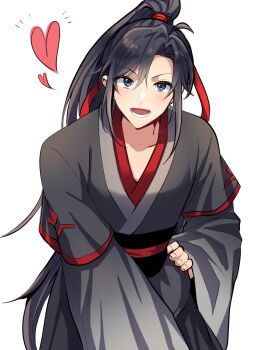 1boy :d ahoge aslle black_eyes black_hair black_hanfu black_sash blush chinese_clothes commentary_request hair_ribbon hand_on_own_hip hanfu heart highres leaning_forward long_hair long_sleeves looking_at_viewer male_focus modao_zushi open_mouth ponytail red_ribbon red_sash ribbon robe sash sidelocks simple_background smile solo very_long_hair wei_wuxian white_background wide_sleeves