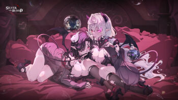 2girls alexi_(silver_and_blood) artist_request black_hair black_horns black_shoes black_wings breasts bubble cleavage commentary copyright_logo copyright_name demon_tail english_commentary fangs heart heart-shaped_pillow highres horns kneehighs livian_(silver_and_blood) logo long_hair multiple_girls official_art pillow pink_eyes pointy_ears see-through_clothes shoes silver_and_blood socks tail torn_clothes white_hair white_horns wings