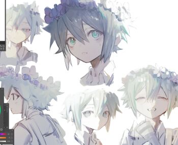 Rule 34 | 1boy, art program in frame, basil (headspace) (omori), basil (omori), closed eyes, closed mouth, collared shirt, double-parted bangs, flower, flower wreath, green eyes, green hair, hair between eyes, head wreath, highres, looking at viewer, male focus, omori, one eye closed, open mouth, overalls, parted lips, shirt, short hair, sidelocks, simple background, smile, solo, teeth, tomomu 0, upper body, upper teeth only, white background