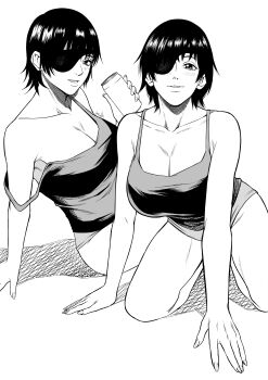 1girl absurdres black_hair blush breasts chainsaw_man cleavage commentary crosshatching drinking english_commentary eyepatch greyscale hatching_(texture) highres himeno_(chainsaw_man) kei_dragonsheaven kneeling looking_at_viewer monochrome one_eye_covered shirt shorts sitting t-shirt