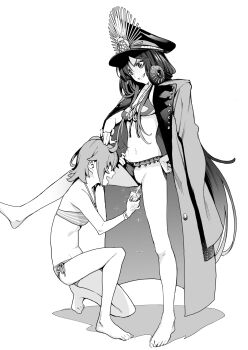 2girls absurdres barefoot coat cup daftbonkers fate/grand_order fate_(series) feet femdom fujimaru_ritsuka_(female) hand_on_head hat highres long_hair monochrome multiple_girls navel peeing peeing_in_cup pussy short_hair swimsuit toes uncensored yuri