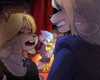>_< 1boy 1girl aged_down awkward bags_under_eyes barefoot berdly_(deltarune) bird_boy black_dress blonde_hair blue_feathers blue_lips buck_teeth bugmael carol_holiday child clenched_teeth closed_eyes collar comforting crying curtains deltarune dress dress_flower feathers flashback flower formal_clothes freckles frilled_collar frills furry furry_female furry_male glasses holding holding_trophy hunched_over mother_and_child mother_and_daughter noelle_holiday parent_and_child purple_flower purple_shirt purple_suit reindeer_girl round_eyewear shirt sideways_glance stage stage_curtains suit teeth theater_seating trophy uncomfortable utdr_(toby_fox) wavy_eyebrows wooden_floor worried