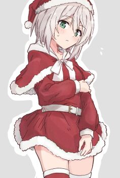 Rule 34 | 1girl, amnesia (majo no tabitabi), belt, blush, bow, bowtie, capelet, christmas, cowboy shot, dress, fur-trimmed capelet, fur-trimmed dress, fur-trimmed headwear, fur trim, green eyes, grey background, grey hair, hat, long sleeves, looking at viewer, majo no tabitabi, notice lines, outline, parted lips, red capelet, red dress, red thighhighs, santa costume, santa dress, santa hat, shiroirosky, short hair, simple background, solo, sweatdrop, thighhighs, white belt, white bow, white bowtie, white outline, zettai ryouiki