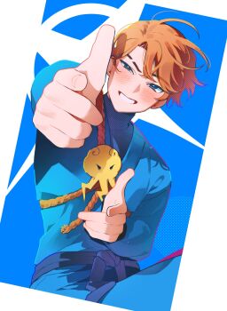 Rule 34 | 1boy, animification, bad id, bad twitter id, belt, blue background, blue belt, blue dougi, blue eyes, blue pants, blue shirt, blush, brown hair, commentary, double finger gun, dougi, eyebrow cut, finger gun, grin, half-closed eyes, highres, jay (ninjago), long sleeves, looking at viewer, male focus, martial arts belt, nanunbab0da, ninjago, pants, screentones, shirt, short hair, simple background, smile, solo, sparkle background, turtleneck, undershirt, untranslatable commentary