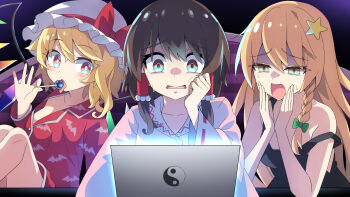 3girls alternate_costume black_camisole black_tank_top blonde_hair blush bow braid breasts brown_eyes brown_hair camisole candy commentary_request computer crystal crystal_wings curious dark_background e.o. eating flandre_scarlet food frilled_hair_tubes frills gloom_(expression) green_bow hair_between_eyes hair_ornament hair_ribbon hair_tubes hakurei_reimu hand_on_own_cheek hand_on_own_face hand_to_own_mouth hat highres holding holding_candy holding_food holding_lollipop kirisame_marisa laptop lollipop long_hair long_sleeves medium_hair mob_cap multicolored_wings multiple_girls no_headwear open_mouth pajamas pink_shirt print_shirt red_eyes red_pajamas red_shirt ribbon ribbon-trimmed_sleeves ribbon_trim scared shirt star_(symbol) star_hair_ornament strap_slip sweat tank_top tongue tongue_out touhou very_long_hair white_hat wings yellow_eyes