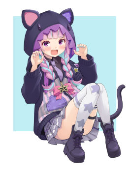 1girl :d animal_hood ankle_boots arched_bangs asymmetrical_legwear black_boots black_jacket black_shirt blue_background blue_hair blue_nails blue_streaks blunt_bangs blush boots braid braided_twintails cat_hood claw_pose collared_shirt commentary_request cosplay dress_shirt full_body grey_hair grey_skirt haniwa_(leaf_garden) highres hololive hood hood_up hooded_jacket jacket long_hair long_sleeves looking_at_viewer low_twin_braids low_twintails minato_aqua miniskirt mismatched_legwear multicolored_hair murasaki_shion murasaki_shion_(cosplay) murasaki_shion_(school_uniform) nail_polish necktie official_alternate_hairstyle on_floor open_mouth outside_border plaid_clothes plaid_skirt pleated_skirt print_thighhighs purple_eyes purple_hair purple_necktie school_uniform shirt short_eyebrows sidelocks sitting skirt smile solo star_(symbol) star_print thigh_strap thighhighs twin_braids twintails two-tone_hair virtual_youtuber white_thighhighs