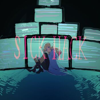 1girl album_cover blonde_hair blue_eyes bocchi_the_rock! boots chinese_commentary commentary_request cover crossed_legs dark_background fake_cover full_body group_name highres huang_ya_cai_rou_si_chao_niangao long_hair looking_at_viewer no_mouth screen shimizu_eliza sitting solo too_many