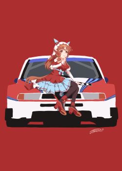 Rule 34 | 1girl, alfa romeo, animal ears, brown hair, car, commentary request, detached sleeves, dress, ear covers, highres, horse ears, horse girl, horse tail, long hair, looking at viewer, motor vehicle, red background, red dress, red eyes, simple background, solo, still in love (scarlet vow raiment) (umamusume), still in love (umamusume), tail, tomozo8674, umamusume, vehicle focus