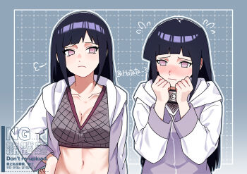 2girls absurdres artist_name black_hair blush breasts cleavage closed_mouth collarbone commentary_request crop_top dual_persona eyelashes fishnet_top fishnets forehead_protector hand_on_own_hip highres hood hoodie hotata_3 hyuuga_hinata konohagakure_symbol large_breasts long_hair long_sleeves looking_at_another midriff multiple_girls naruto_(series) naruto_shippuuden navel open_clothes open_hoodie puff_of_air purple_eyes purple_hoodie road_to_ninja:_naruto_the_movie simple_background twitter_username upper_body watermark
