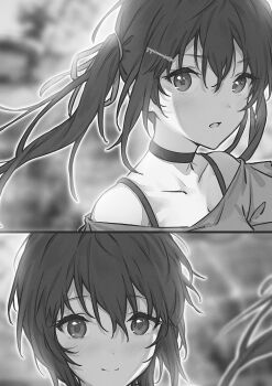 2girls choker collarbone floating_hair gamers! greyscale hair_ornament hair_ribbon hairclip highres hoshinomori_chiaki hoshinomori_konoha long_hair looking_at_viewer monochrome monochrome multiple_girls novel_illustration off-shoulder_shirt off_shoulder official_art open_mouth portrait ribbon saboten shirt short_hair siblings sisters split_screen twintails