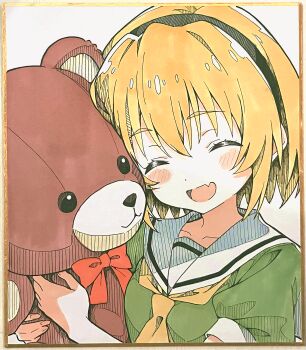 1girl :d ^_^ absurdres black_hairband blonde_hair blush_stickers bow bowtie closed_eyes collarbone commentary_request fang green_shirt hair_between_eyes hairband highres higurashi_no_naku_koro_ni houjou_satoko neckerchief niyane open_mouth portrait red_bow red_bowtie sailor_collar shirt short_hair short_sleeves simple_background skin_fang smile solo stuffed_animal stuffed_toy teddy_bear traditional_media white_background white_sailor_collar yellow_neckerchief