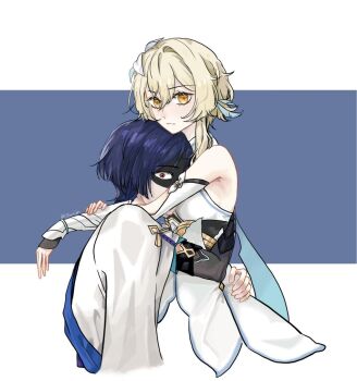 1boy 1girl alternate_eye_color aqua_flower arm_cutout armor between_breasts black_corset black_gloves blonde_hair blue_feathers blue_sleeves blue_trim blunt_ends breasts bridal_gauntlets chin_rest closed_mouth clothing_cutout corset detached_sleeves dress eyelashes face_between_breasts feather_hair_ornament feathers fingerless_gloves flower furisode genshin_impact glaring gloves grey_background grey_bridal_gauntlets hair_flower hair_ornament hand_on_another's_ass hand_on_another's_back hashtag-only_commentary head_between_breasts head_on_head head_rest hetero japanese_armor japanese_clothes kimono kote kurokote layered_sleeves looking_at_viewer lumine_(genshin_impact) multicolored_flower possessive purple_hair purple_rope red_eyes rope sanim12607849 scaramouche_(genshin_impact) scarf shaded_face short_hair short_hair_with_long_locks short_sleeves sidelocks small_breasts split_mouth tsurime two-tone_background vambraces wanderer_(genshin_impact) white_background white_dress white_flower white_kimono white_scarf white_sleeves wide-eyed yellow_eyes