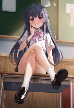 Rule 34 | 1girl, absurdres, black shoes, black skirt, blue hair, blush, bow, bowtie, classroom, collared shirt, commentary, commission, crossed legs, day, desk, full body, furude rika, hair over shoulder, hand on own face, highres, higurashi no naku koro ni, indoors, loafers, long hair, looking at viewer, on desk, open mouth, pink bow, pixiv commission, pleated skirt, polished shoes, purple eyes, revision, shirt, shoes, short sleeves, sidelocks, sira (user dswn7488), sitting, skirt, smile, socks, solo, sunlight, teeth, white shirt, white socks