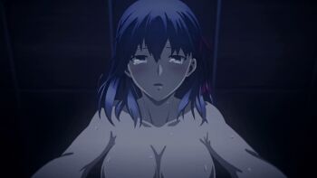 10s 1girl animated animated_gif blush bouncing_breasts breasts crying fate/stay_night_heaven&#039;s_feel fate_(series) large_breasts long_hair matou_sakura nude purple_eyes purple_hair sweat