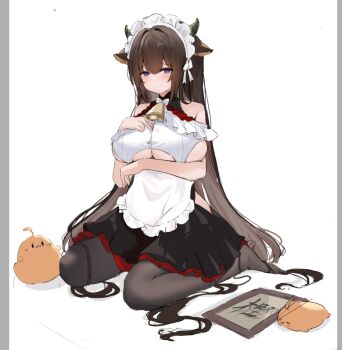1girl animal_ears apron arms_under_breasts azur_lane bare_shoulders bell black_pantyhose black_skirt breasts brown_hair clothing_cutout cow_ears cow_girl cow_horns cowbell frilled_apron frills hand_on_own_chest horns huge_breasts ichi_(gnsk4737) kashino_(azur_lane) kashino_(maid_for_mayhem)_(azur_lane) long_hair looking_at_viewer maid_headdress manjuu_(azur_lane) official_alternate_costume pantyhose purple_eyes simple_background skirt solo underboob underboob_cutout very_long_hair white_apron white_background