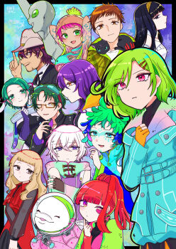 2others 5boys 6+girls 68254372 absurdres alien androgynous aqua_coat bags_under_eyes beluga_whale blunt_bangs chipie_(gnosia) coat comet_(gnosia) commentary_request earrings everyone facepaint feathers gina_(gnosia) gnosia green_feathers green_hair grey_alien hair_between_eyes half_up_bun heart heart_earrings heart_tattoo highres hood jewelry jonas_(gnosia) kukrushka_(gnosia) long_hair long_sleeves looking_at_viewer male_focus multiple_boys multiple_girls multiple_others other_focus otome_(gnosia) raqio red_eyes remnan_(gnosia) setsu_(gnosia) sha-ming shigemichi short_hair simple_background skull_tattoo smile sq_(gnosia) stella_(gnosia) tattoo upper_body yuriko_(gnosia)