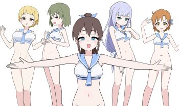 5girls ahoge bikini bikini_top_only blonde_hair blue_eyes blue_hair blue_neckerchief blue_sailor_collar blush bottomless breasts brown_eyes brown_hair cleavage closed_mouth convenient_censoring fukuda_noriko green_hair groin highres idolmaster idolmaster_million_live! idolmaster_million_live!_theater_days long_hair looking_at_viewer low-tied_long_hair multiple_girls nagayoshi_subaru navel neckerchief ohgi910 open_mouth outstretched_arms ponytail sailor_bikini sailor_collar sailor_swimsuit_(idolmaster) satake_minako shiraishi_tsumugi short_hair simple_background smile spread_arms standing swimsuit white_background white_bikini yabuki_kana