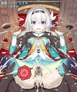 abs blush breasts bukkake chagama_(tyagama0927) clothed_sex commentary_request cross-section cum cum_in_pussy cum_on_ass cum_on_body cum_on_breasts cum_on_clothes cum_on_hair cum_on_legs cum_on_stomach cum_on_upper_body dark-skinned_male dark_skin defeat double_handjob dress ejaculation facial fertilization firefly_(honkai:_star_rail) gangbang gradient_hair green_hair group_sex handjob highres honkai:_star_rail honkai_(series) internal_cumshot long_hair medium_breasts multicolored_dress multicolored_eyes multicolored_hair ovum pubic_hair sex skirt smile spread_legs thighhighs vaginal white_hair