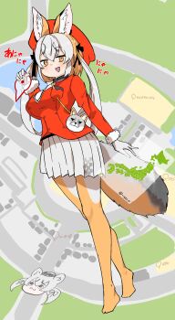 1girl absurdres animal_ears bag belt brown_eyes brown_hair extra_ears fox_ears fox_girl fox_tail geoguessr gloves grey_hair hat highres island_fox_(kemono_friends) jacket kanihai kemono_friends kemono_friends_v_project llb long_hair looking_at_viewer necktie pantyhose ribbon shirt shoulder_bag skirt tail twintails virtual_youtuber