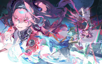 2girls armor blue_hair bodysuit boots breastplate breasts collar hair_between_eyes hairband helmet highres holding holding_polearm holding_sword holding_weapon knight long_hair lupa_(wuthering_waves) medium_breasts metal_collar metal_hairband missing_commentary multiple_girls multiple_views mya_(wuthering_waves) open_mouth pink_hair polearm qingming_tiaohetu red_sash ripples sash smile sword tail thigh_boots weapon white_bodysuit white_boots wolf_tail wrist_guards wuthering_waves