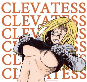 alicia_glenfall armor blonde_hair breasts clevatess:_majuu_no_ou_to_akago_to_shikabane_no_yuusha forced highres long_hair one_eye_closed plate_armor scar scar_across_eye scar_on_face shaking shinkumajo text_background underboob undressing