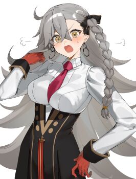 1girl black_bow bow braid breasts collared_shirt commentary_request earrings fate/grand_order fate_(series) gloves grey_hair hair_between_eyes hair_bow hair_lift highres jewelry large_breasts light_blush long_hair long_sleeves looking_at_viewer low-tied_long_hair necktie olga_marie_animusphere olga_marie_animusphere_(unbeast) open_mouth orange_gloves puff_of_air red_necktie shirt side_braid sleeve_cuffs solo sweatdrop tokoni_fusu underbust very_long_hair yellow_eyes