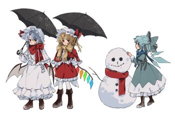 3girls alternate_costume bat_wings blonde_hair blue_bow blue_dress blue_eyes blue_hair blue_scarf boots bow brown_boots capelet cirno commentary_request crystal crystal_wings detached_wings dress flandre_scarlet gloves hair_bow hat hat_ribbon highres holding holding_umbrella hua88331 ice ice_wings long_sleeves mob_cap multicolored_wings multiple_girls one_side_up pantyhose pointy_ears red_capelet red_eyes red_scarf red_skirt remilia_scarlet ribbon scarf shirt siblings sisters skirt skirt_set snow snowman touhou umbrella white_capelet white_gloves white_hat white_pantyhose white_shirt white_skirt wings yellow_scarf