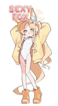 1girl above-cleavage_cutout animal_ear_fluff animal_ears arms_behind_head blonde_hair blue_archive choker clothing_cutout cross_halo diamond_cutout english_text extra_ears flat_chest fox_ears fox_girl groin halo heart highleg highleg_one-piece_swimsuit highres jacket long_hair long_sidelocks looking_at_viewer one-piece_swimsuit open_mouth orange_eyes parted_bangs qusouzu_mogari red_choker sandals seia_(blue_archive) seia_(swimsuit)_(blue_archive) sidelocks simple_background solo swimsuit very_long_sidelocks visor_cap white_background white_one-piece_swimsuit yellow_halo yellow_jacket yellow_sandals yellow_visor_cap