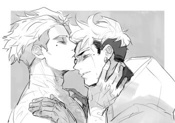 2boys closed_eyes coat commentary fingernails from_side greyscale hand_on_another&#039;s_shoulder hood hood_down hooded_coat incest kiss kissing_forehead lightningstrikes male_focus millions_knives mole mole_under_eye monochrome multicolored_hair multiple_boys profile short_hair short_sideburns siblings sketch trigun trigun_stampede twins two-tone_hair undercut vash_the_stampede yaoi