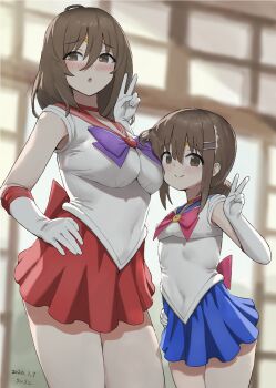 2026 20s 2girls ahoge blue_skirt blush bow breasts brooch brown_eyes brown_hair collarbone cosplay dated gloves hair_bun hair_ornament hairclip hand_on_own_hip january jewelry large_breasts leotard loli long_hair looking_at_viewer magical_girl mature_female mother_and_daughter multiple_girls open_mouth original purple_bow red_bow red_skirt sailor_mars sailor_mars_(cosplay) sailor_moon sailor_moon_(cosplay) sailor_senshi sailor_senshi_uniform skirt smile standing susu_(ysy) tiara transformation_brooch_(sailor_moon) v waist_bow white_gloves white_leotard window