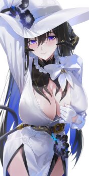 1girl absurdres bead_necklace beads bilingual_commentary black_hair black_horns breasts cleavage colored_inner_hair commentary demon_girl demon_horns demon_tail dress earrings hat highres honkai:_star_rail honkai_(series) horns jewelry large_breasts long_hair looking_at_viewer mixed-language_commentary mole mole_under_eye multicolored_hair necklace purple_eyes purple_hair simple_background solo tail the_dahlia_(honkai:_star_rail) two-tone_hair very_long_hair white_background white_dress white_hat yonesdraws