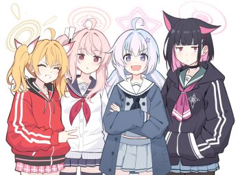 Rule 34 | 4girls, ahoge, animal ears, black hair, black jacket, blonde hair, blue archive, cardigan, cat ears, colored inner hair, commentary, cowboy shot, crossed arms, english commentary, grin, hair ornament, halo, hand on another's shoulder, hands in pockets, highres, jacket, kazusa (blue archive), long hair, long sleeves, looking at viewer, miniskirt, multicolored hair, multiple girls, natsu (blue archive), neckerchief, pink hair, raised eyebrow, red eyes, red jacket, red neckerchief, reia 76, reisa (blue archive), school uniform, short hair, simple background, skirt, smile, star (symbol), star hair ornament, textless version, two-tone hair, v, v-shaped eyebrows, white background, white cardigan, yoshimi (blue archive)