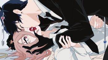 2boys alien_stage angel_devil_(chainsaw_man) black_gloves black_hair black_jacket black_necktie brown_hair chainsaw_man closed_eyes collared_shirt commentary earrings gloves hand_in_another&#039;s_hair hand_on_another&#039;s_face hayakawa_aki heart-shaped_gem highres holding_another&#039;s_arm jacket jewelry kiss kouchagozen22 male_focus multiple_boys necktie red_eyes shirt white_shirt yaoi