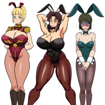 absurdres animal_ears black_lagoon breasts cecilia_irene cigarette embarrassed fake_animal_ears gegege_no_kitarou gundam hayakawakenn highres kitarou_tanjou:_gegege_no_nazo mobile_suit_gundam nagata_kenko playboy_bunny revy_(black_lagoon) smoking squatting tagme