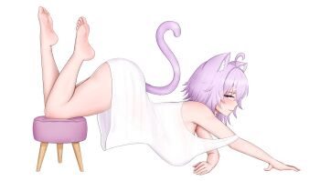 Rule 34 | ahoge, animal ears, baggy clothes, barefoot, breasts, cat ears, cat tail, feet, from side, gartsx, hololive, large breasts, nekomata okayu, purple eyes, purple hair, purple tail, shirt, soles, stool, stretching, t-shirt, tail, toes, virtual youtuber
