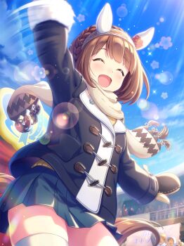 1girl ^_^ absurdres animal_ears arm_up artist_request bishie_sparkle black_mittens bleachers blue_coat blue_skirt blue_sky blunt_bangs braid brown_hair closed_eyes cloud coat collared_coat cowboy_shot crown_braid dot_nose ears_through_hairband floating_neckwear flower fringe_trim fur-trimmed_jacket fur_trim game_cg gloves hairband happy highres horse_ears horse_girl horse_tail jacket lace-trimmed_hairband lace_trim light_blush light_particles light_rays long_sleeves miniskirt mittens motion_blur official_art open_mouth people pleated_skirt ribbon-trimmed_gloves ribbon_trim scarf see-through_hairband short_hair skirt sky smile solo sparkle stage standing sunlight sweater tail thighhighs two-tone_mittens umamusume waving white_hairband white_mittens white_scarf white_thighhighs winter_clothes yellow_sweater yukino_bijin_(umamusume) zettai_ryouiki