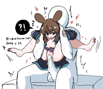 !? 1boy 1girl 2026 age_difference amiya_(arknights) arknights artist_name bald_male black_jacket blue_eyes blue_skirt blush brown_hair censored completely_nude cum cum_in_pussy dated ejaculation eternal-frost faceless faceless_male feet flat_chest full_nelson heart highres huge_penis jacket large_penis legs_up loli mosaic_censoring navel nipples nude pale_skin penis pussy pussy_juice rabbit_ears rabbit_girl sex sex_from_behind sidelocks sitting skirt speech_bubble spread_legs testicles toes vaginal white_background