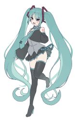 Rule 34 | 1girl, aqua eyes, aqua hair, aqua necktie, bare shoulders, black footwear, black skirt, boots, collared shirt, detached sleeves, full body, hair ornament, hatsune miku, looking at viewer, m psycho 83, necktie, oekaki, open mouth, pleated skirt, shirt, sidelocks, simple background, skirt, smile, solo, thigh boots, tie clip, vocaloid, white background