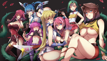 6+girls ass ass_grab bare_shoulders belt black_background black_belt black_gloves black_shirt blonde_hair blouse blue_angel_(yu-gi-oh!) blue_eyes blue_gloves blue_hair blue_nails blue_neckwear blush bracelet breasts brown_eyes brown_hair cleavage clothes_lift collared_shirt corruption covered_erect_nipples covered_navel detached_wings dress feet_out_of_frame fingerless_gloves gloves green_hair guitar hair_between_eyes heart highres hiiragi_yuzu holding holding_instrument instrument izayoi_aki jewelry kirishima_romin knees_up large_breasts lifting_own_clothes loli long_hair mazaki_anzu medium_breasts medium_hair mibry_(phrysm) mind_control mizuki_kotori_(yu-gi-oh!) mouth_hold multiple_girls nail_polish necktie nipples open_mouth panties petals pink_hair plant plectrum possessed purple_eyes purple_legwear red_eyes red_hair red_shorts red_skirt see-through_clothes see-through_shirt shadow shirt shirt_lift short_hair shorts sideboob skirt sleeveless sleeveless_shirt small_breasts smile strapless strapless_dress tenjouin_asuka thorns torn_clothes torn_dress twintails underwear very_long_hair vines wings yellow_shirt yu-gi-oh! yu-gi-oh!_5d&#039;s yu-gi-oh!_arc-v yu-gi-oh!_duel_monsters yu-gi-oh!_gx yu-gi-oh!_sevens yu-gi-oh!_vrains yu-gi-oh!_zexal zaizen_aoi