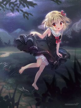 1girl amo_(shibu3) armpits ascot bare_shoulders barefoot black_dress blonde_hair bloomers bow collar dark_background dress fang flying grass highres knees medium_hair mountainous_horizon open_mouth outdoors path red_ascot red_bow red_eyes road rumia skirt_hold sky solo star_(sky) starry_sky thick_eyelashes touhou tree underwear white_collar