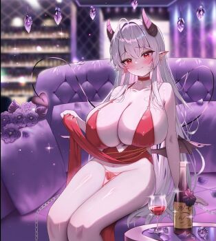 absurdres ahoge alcohol alcohol_between_legs arme_(cgsy7484) black_horns blush bottle breast_tattoo breasts bulge cleavage closed_mouth clothes_lift collarbone commission couch crossed_bangs cup curled_horns demon_girl demon_horns demon_tail demon_wings dress drinking_glass female_pervert grey_hair hair_between_eyes hair_intakes heart heart_tattoo highres horns huge_breasts indoors long_hair looking_at_viewer low_wings navel no_panties on_couch original pelvic_curtain pelvic_curtain_lift pervert pillow plunging_neckline pointy_ears pubic_tattoo pussy red_dress red_eyes revealing_clothes bad_tag shiny_skin sleeveless sleeveless_dress smile table tail tattoo thighs very_long_hair wine_bottle wings