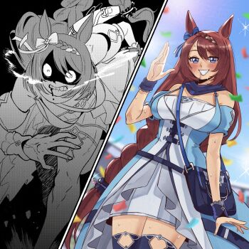 1girl animal_ears bag before_and_after biting_own_lip bleeding blood blood_from_mouth blue_bag blue_dress blue_eyes blue_thighhighs blush bow braid braided_ponytail breasts breath brown_hair cleavage commentary confetti constricted_pupils cowboy_shot crazy_eyes dress ear_bow english_commentary greyscale grin hand_up highres horse_ears horse_girl large_breasts long_hair looking_at_viewer low-tied_long_hair monochrome off-shoulder_dress off_shoulder outdoors partially_shaded_face running short_dress shoulder_bag smile sparkle split_screen super_creek_(umamusume) sweat tail thighhighs umamusume veins veiny_hands very_long_hair victory wanderjegson waving wide-eyed wrist_cuffs