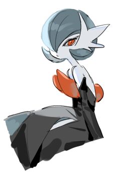 1other :o alternate_color arms_at_sides bare_shoulders black_arm_warmers black_dress blue_hair bob_cut colored_skin crossed_legs dress evening_gown facing_to_the_side gardevoir gen_3_pokemon invisible_chair looking_to_the_side mega_gardevoir mega_pokemon nintendo pokemon pokemon_(creature) pokemon_focus raine_(acke2445) red_eyes shiny_pokemon sitting solo strapless strapless_dress upper_body white_background white_skin