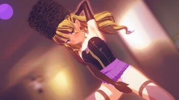 1girl 3d black_corset blonde_hair blush code_vein corset covering_crotch covering_privates dress fur_hat hat koikatsu mia_karnstein one_hand_behind_head panties petite purple_dress solo thatdude thighhighs underwear white_panties