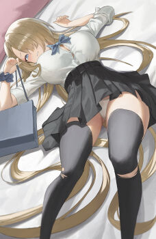1girl absurdly_long_hair absurdres asuna_(blue_archive) asymmetrical_bangs black_bag black_c_(net_dust) black_pantyhose black_skirt black_thighhighs blonde_hair blue_archive blue_bow blue_bowtie blue_eyes blue_scrunchie bow bowtie breasts commentary_request hair_over_one_eye highres large_breasts long_hair panties pantyhose pantyshot pleated_skirt scrunchie shirt skirt solo thighhighs thighs torn_clothes torn_thighhighs underwear very_long_hair white_panties white_shirt wrist_scrunchie